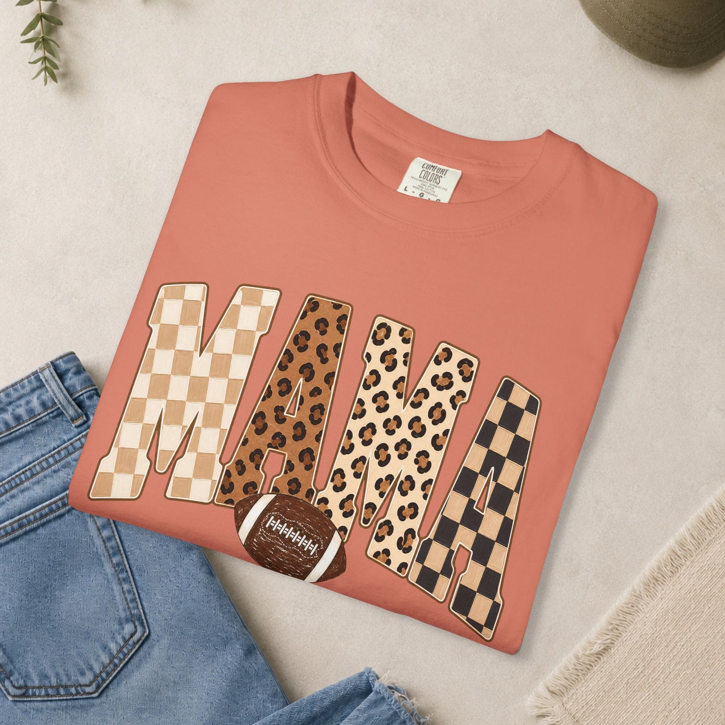 Mama lettering with leopard & gingham patterns, football graphic T-shirt