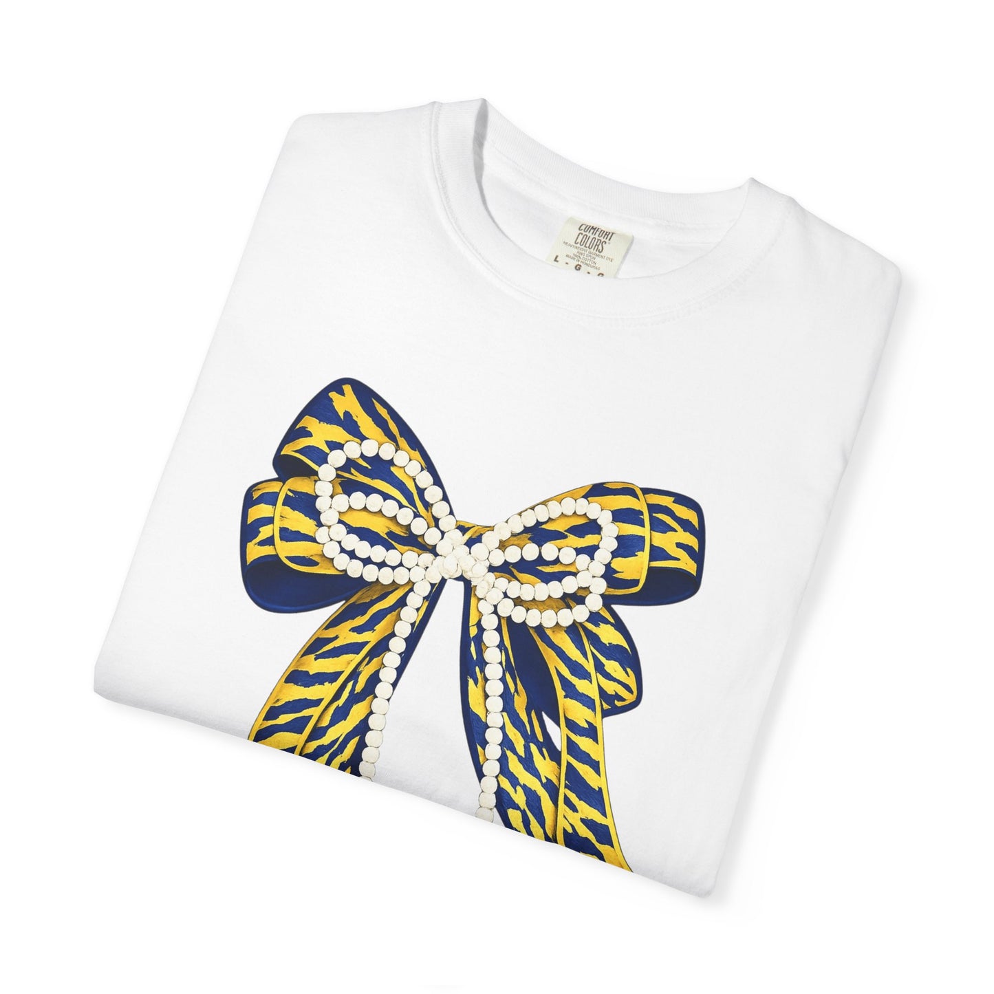 Bow Graphic T-Shirt — Yellow Navy Leopard Ribbon Design