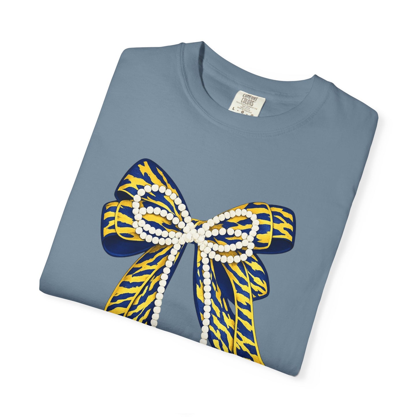 Bow Graphic T-Shirt — Yellow Navy Leopard Ribbon Design