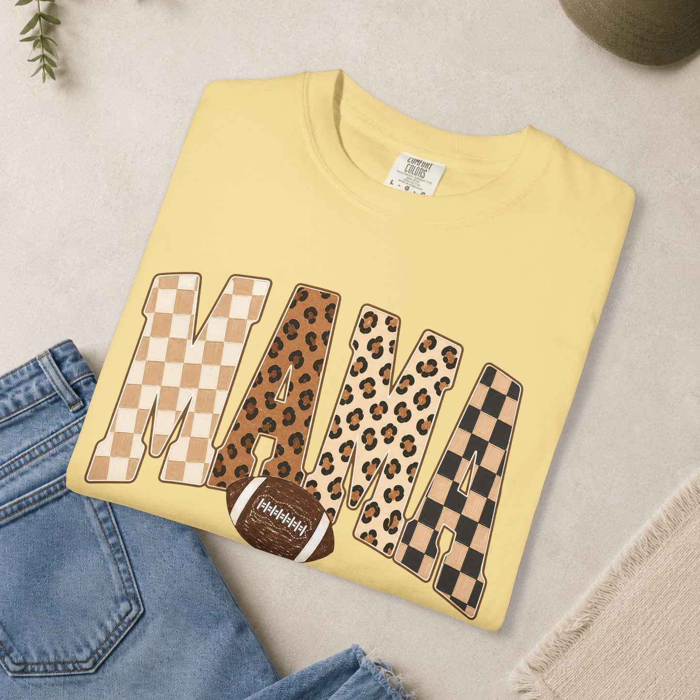 Mama lettering with leopard & gingham patterns, football graphic T-shirt