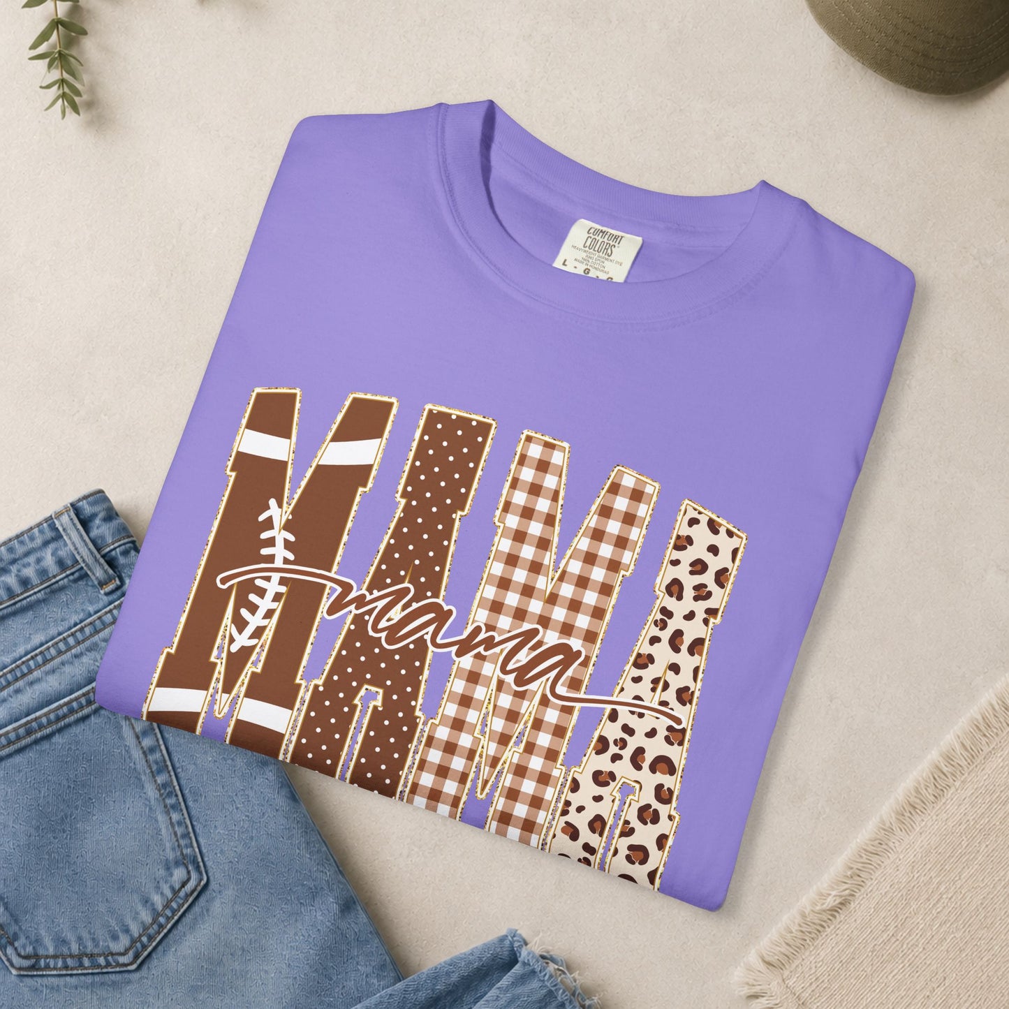 Mama Football graphic T-shirt | Brown plaid leopard print
