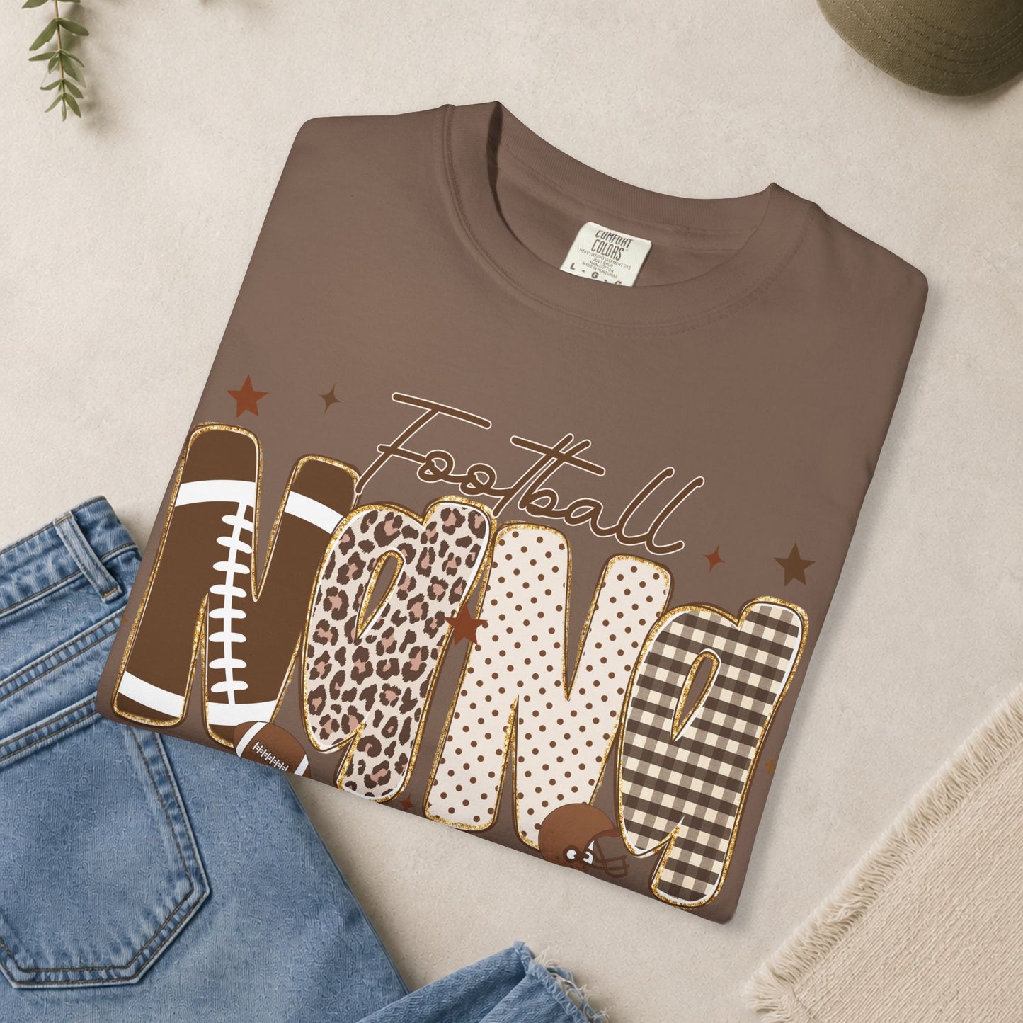 Football Nana T-shirt | Neutral Leopard Plaid Lettering