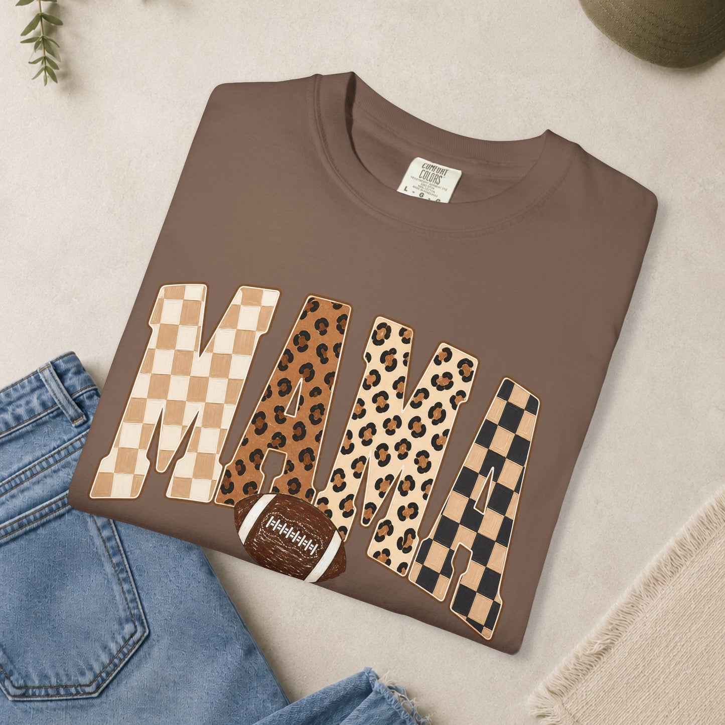 Mama lettering with leopard & gingham patterns, football graphic T-shirt