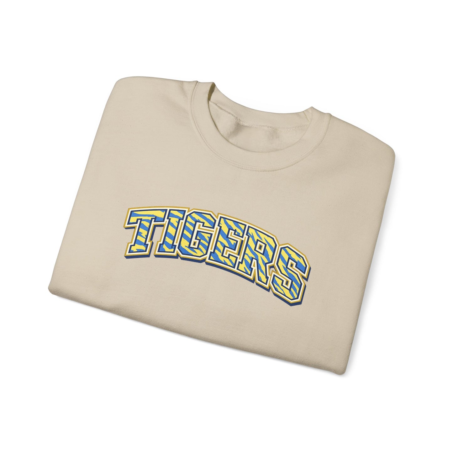 Tigers Crewneck Sweatshirt — Retro Yellow & Teal Block Letter Sports Pullover