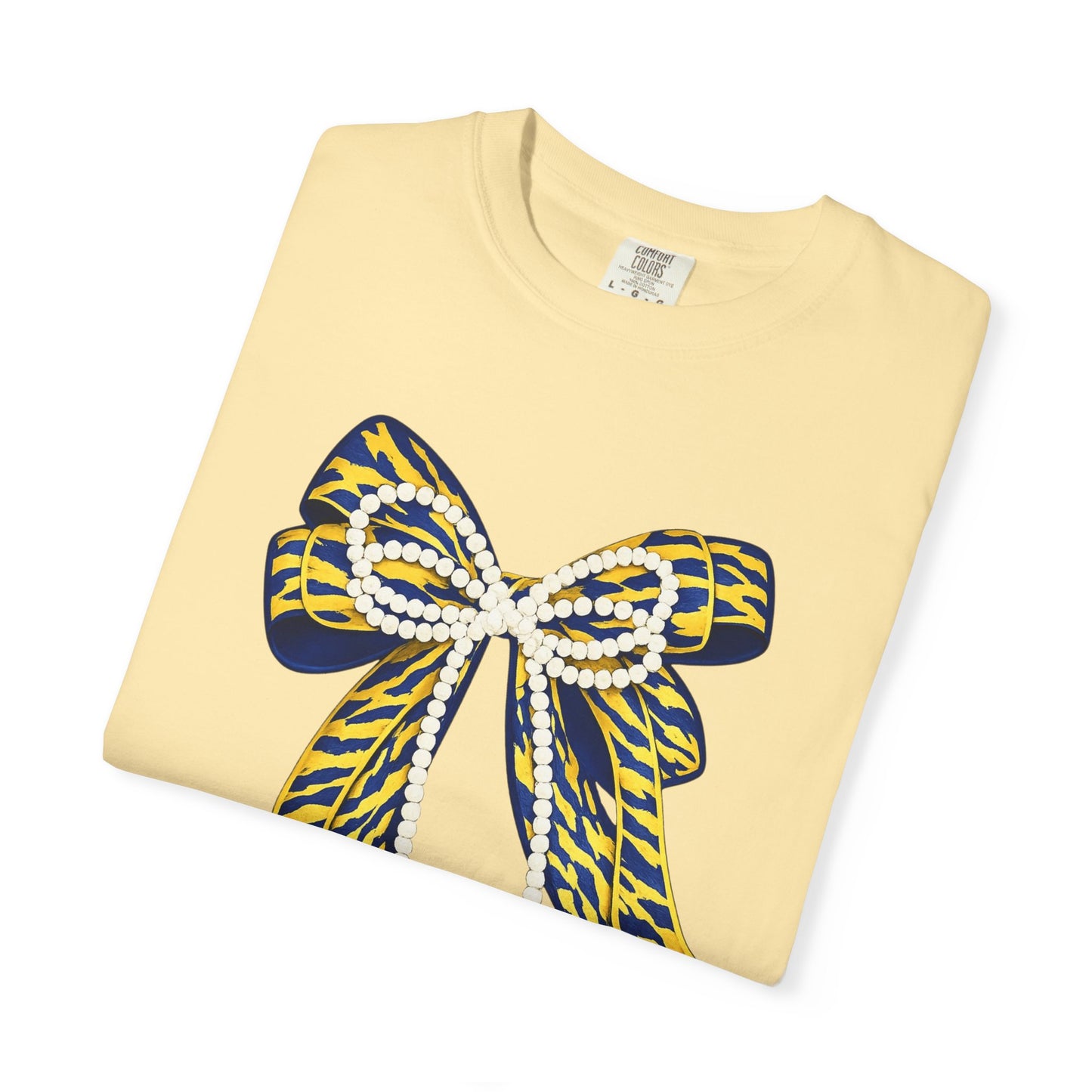Bow Graphic T-Shirt — Yellow Navy Leopard Ribbon Design