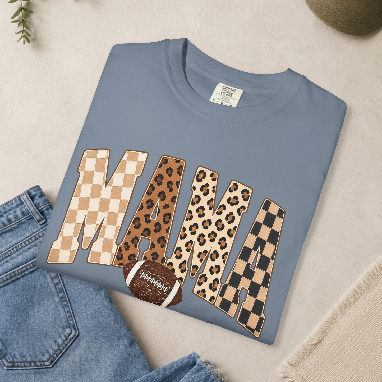 Mama lettering with leopard & gingham patterns, football graphic T-shirt