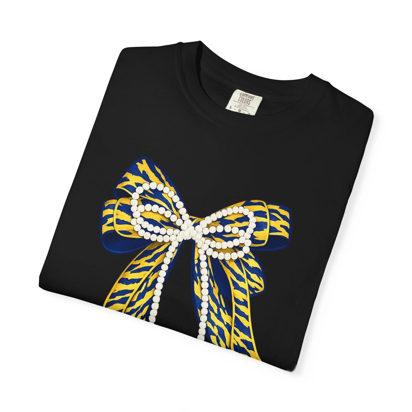 Bow Graphic T-Shirt — Yellow Navy Leopard Ribbon Design