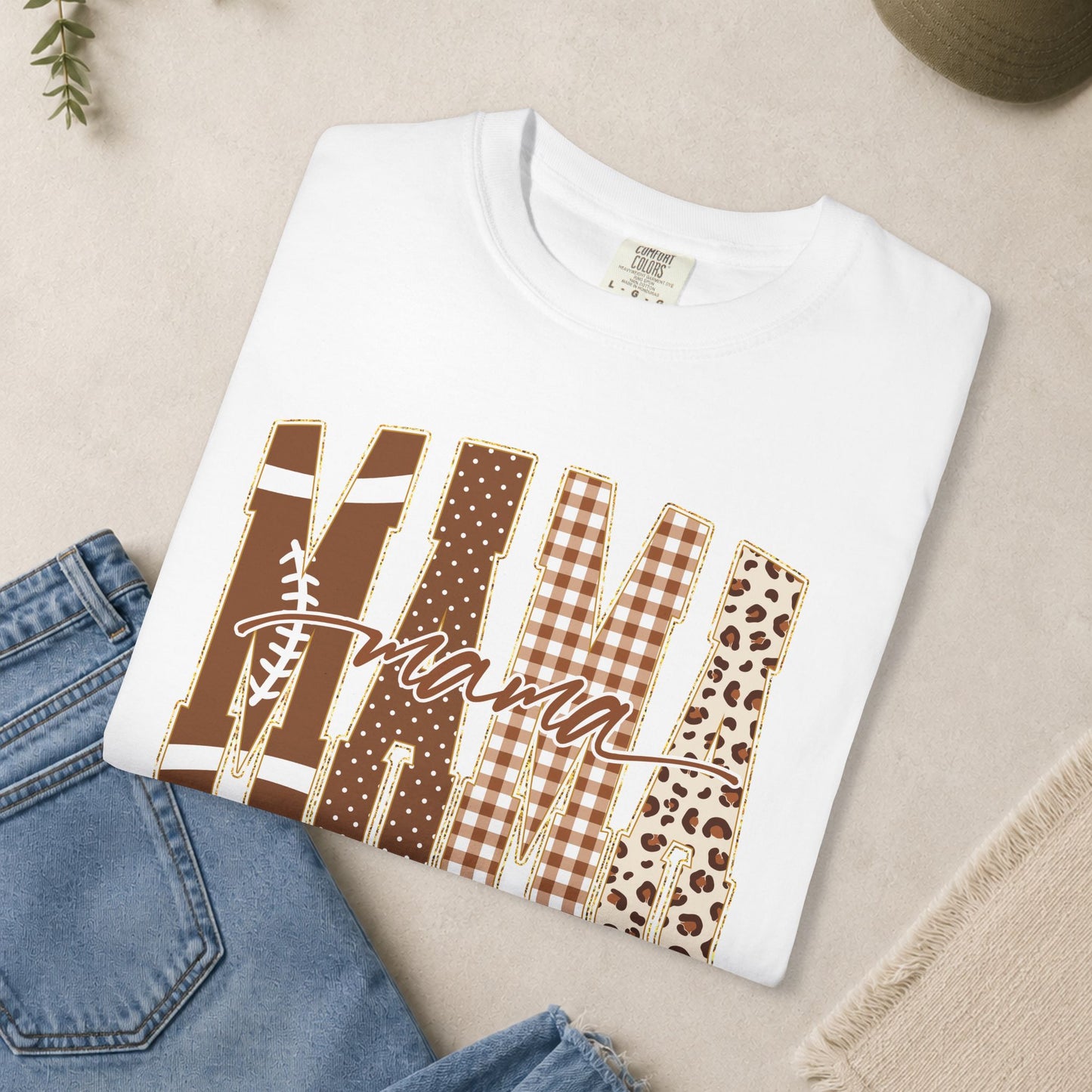 Mama Football graphic T-shirt | Brown plaid leopard print