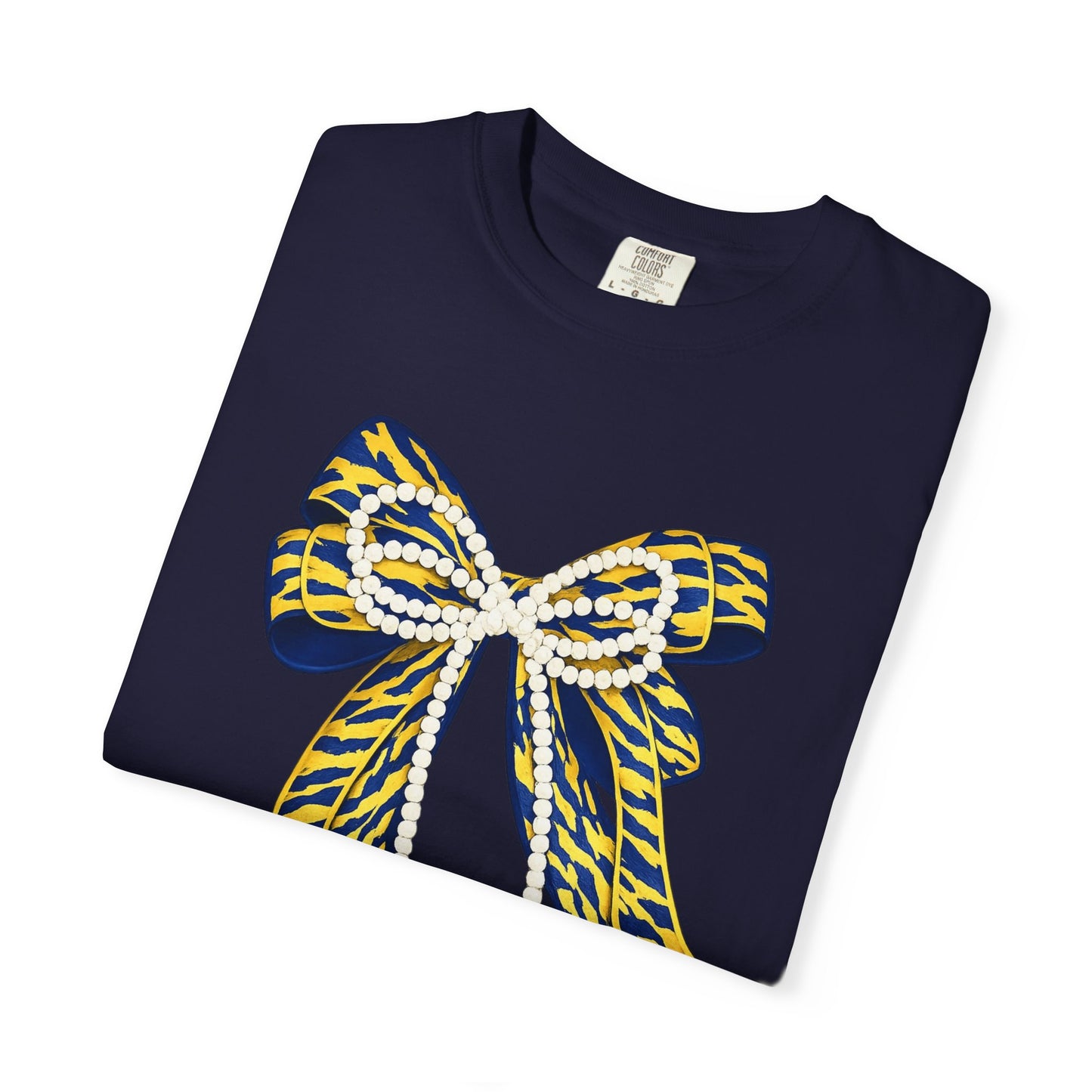 Bow Graphic T-Shirt — Yellow Navy Leopard Ribbon Design