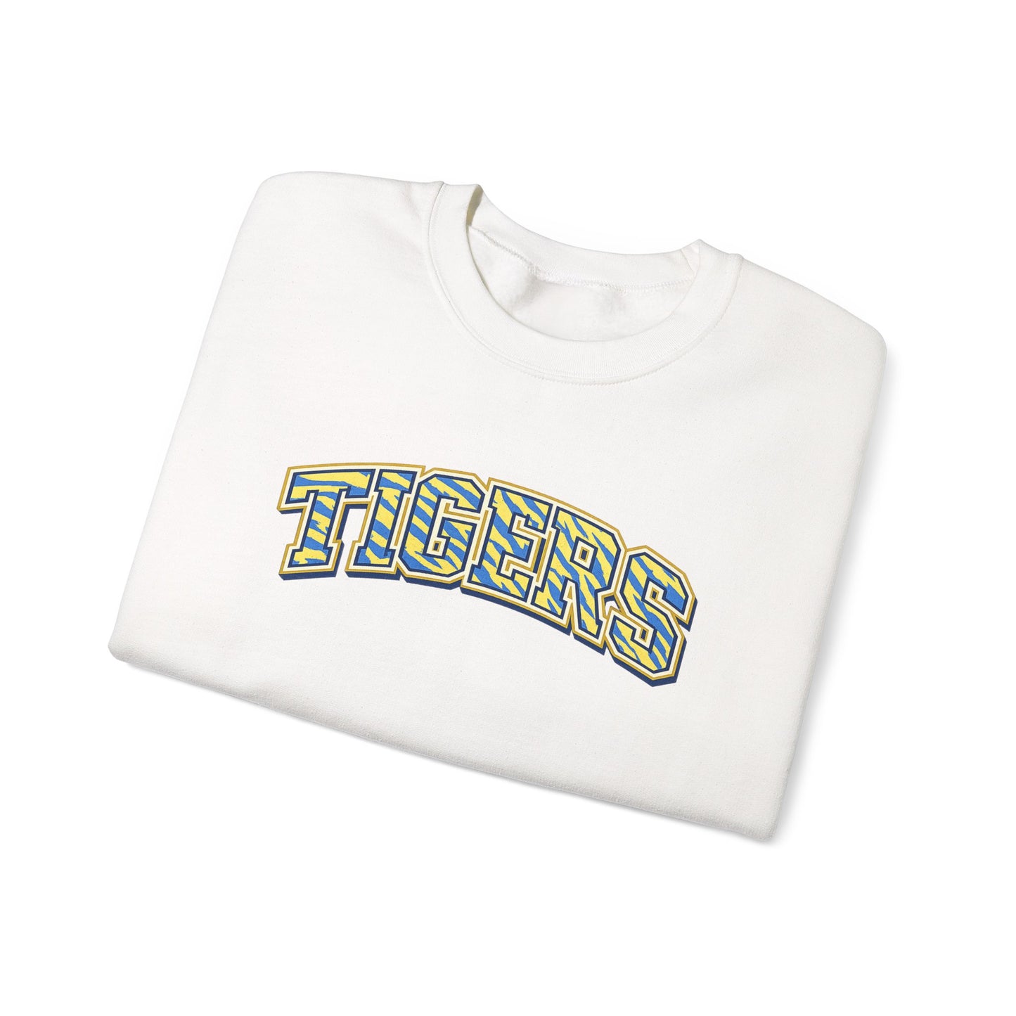 Tigers Crewneck Sweatshirt — Retro Yellow & Teal Block Letter Sports Pullover