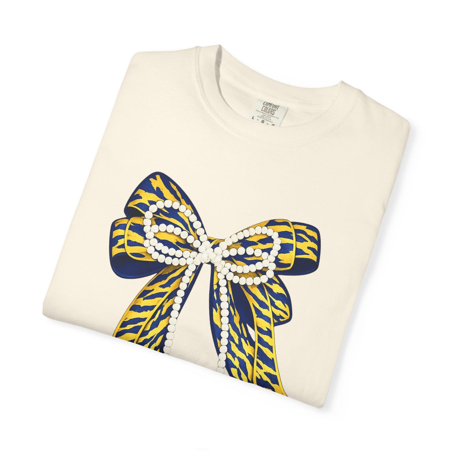 Bow Graphic T-Shirt — Yellow Navy Leopard Ribbon Design