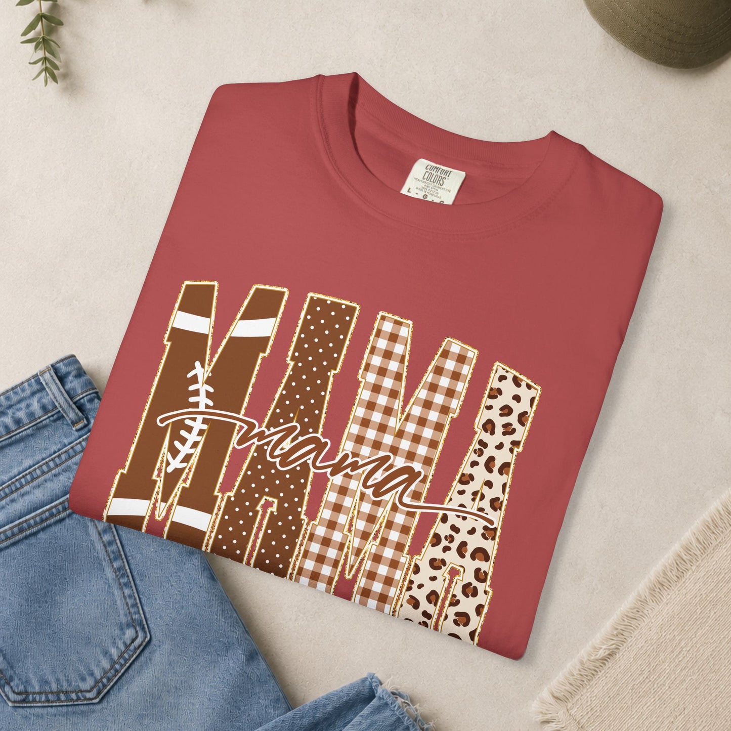 Mama Football graphic T-shirt | Brown plaid leopard print