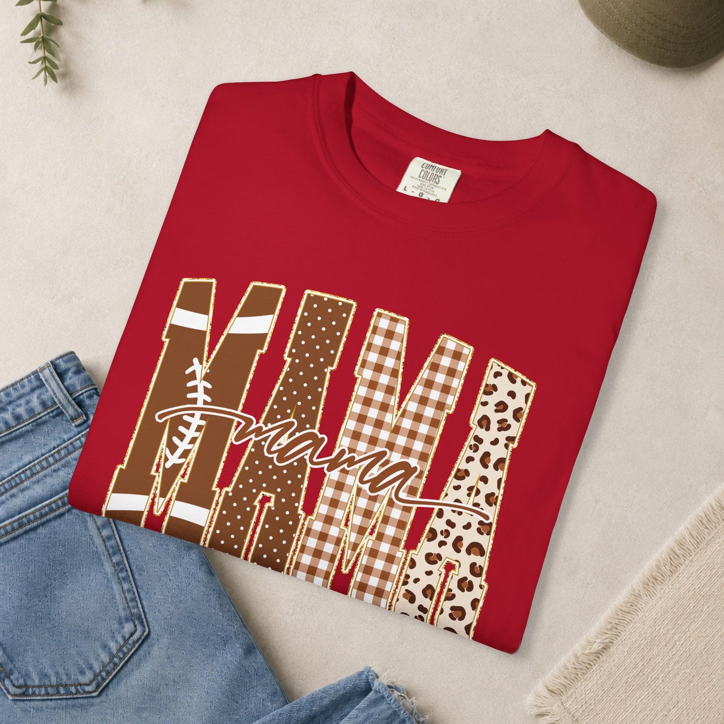 Mama Football graphic T-shirt | Brown plaid leopard print