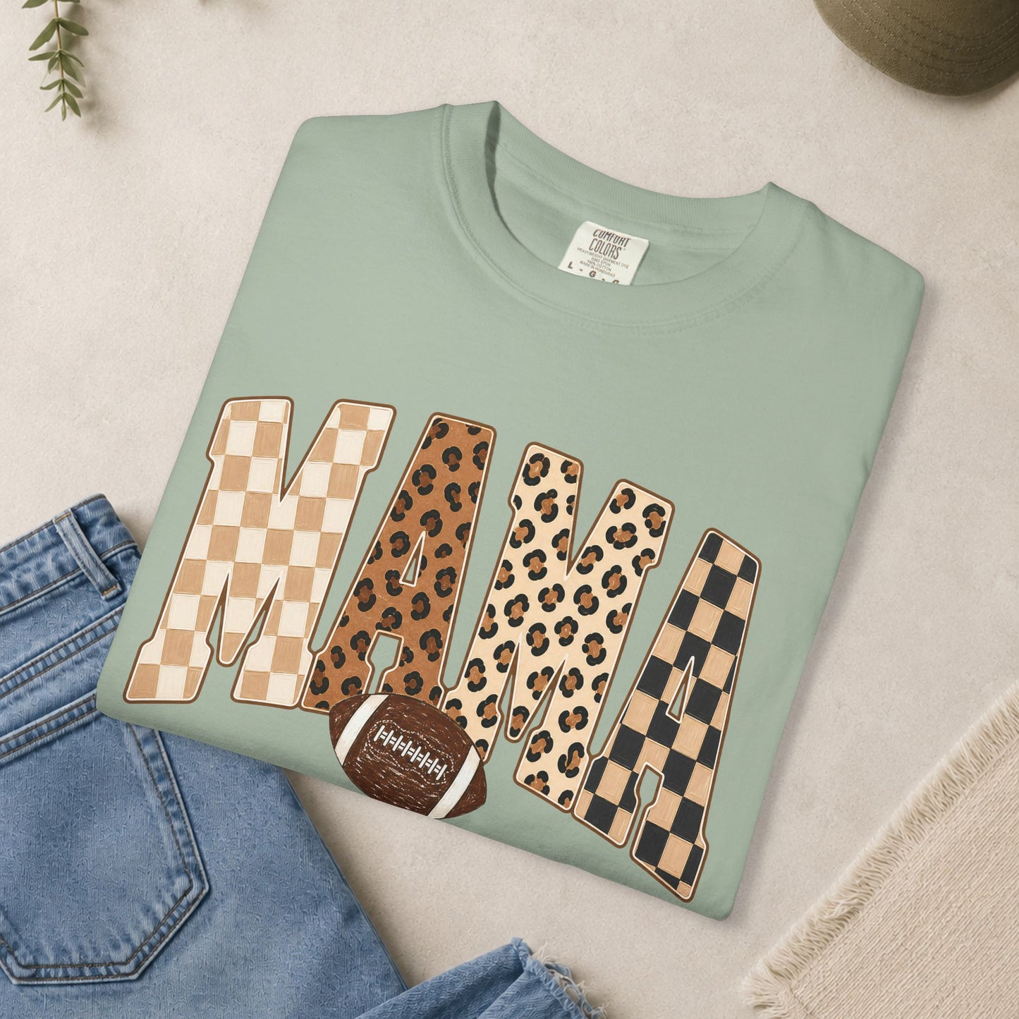 Mama lettering with leopard & gingham patterns, football graphic T-shirt