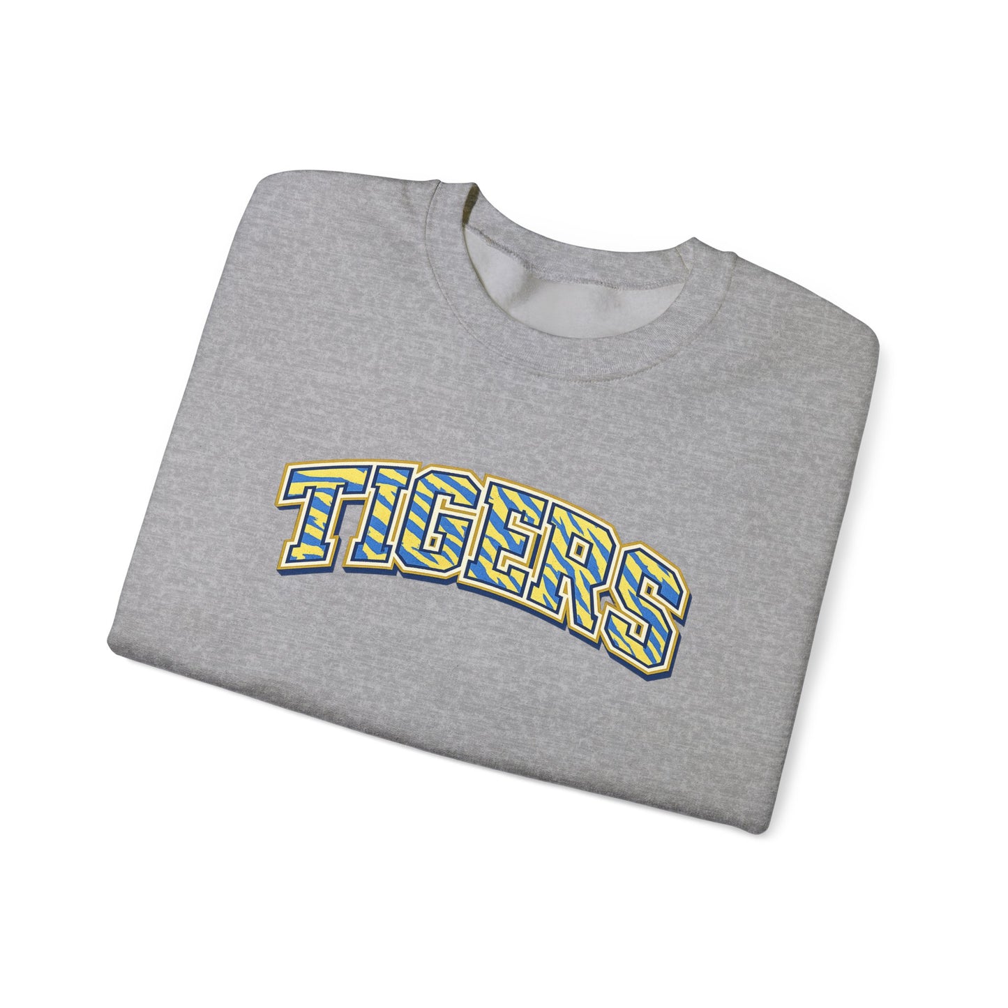 Tigers Crewneck Sweatshirt — Retro Yellow & Teal Block Letter Sports Pullover