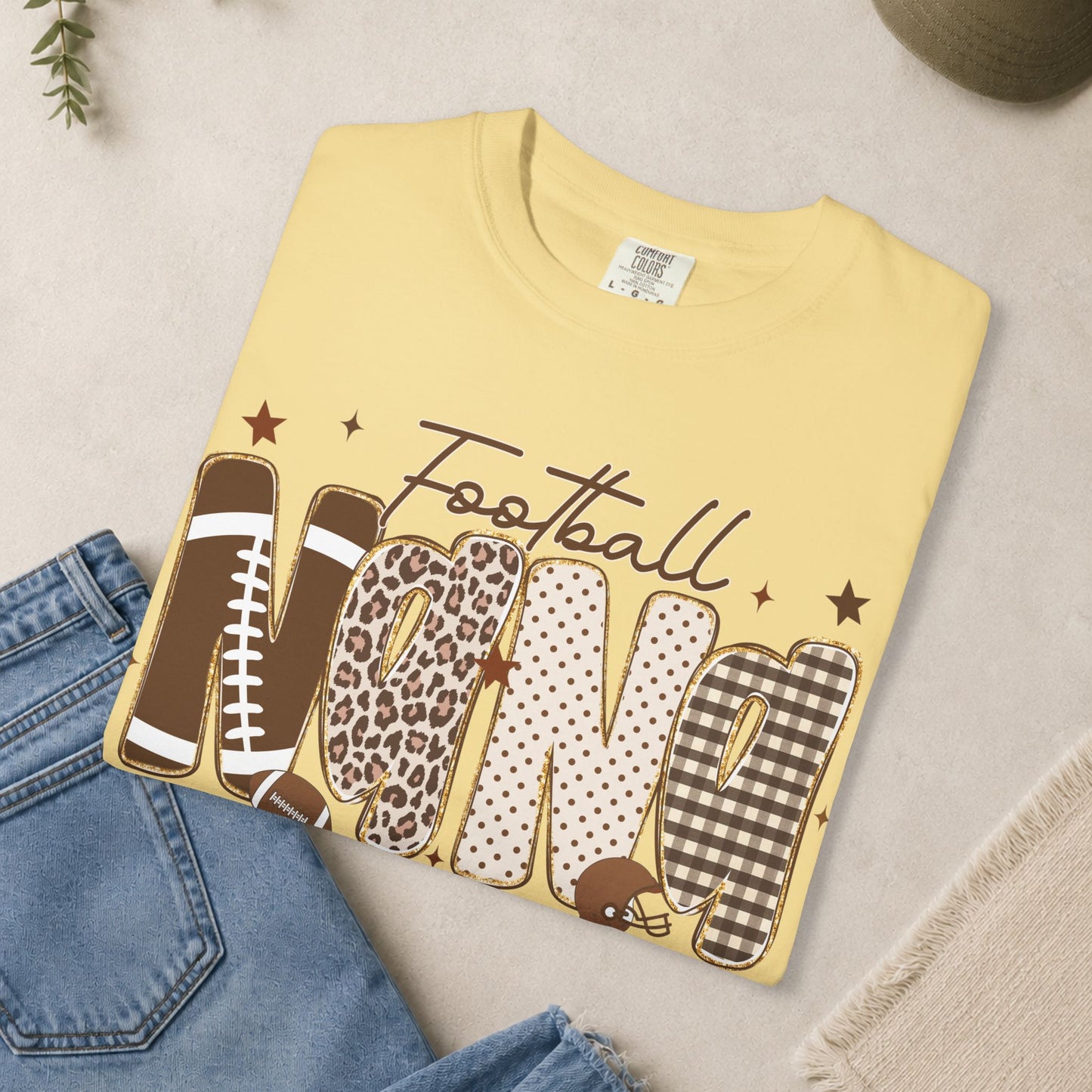 Football Nana T-shirt | Neutral Leopard Plaid Lettering