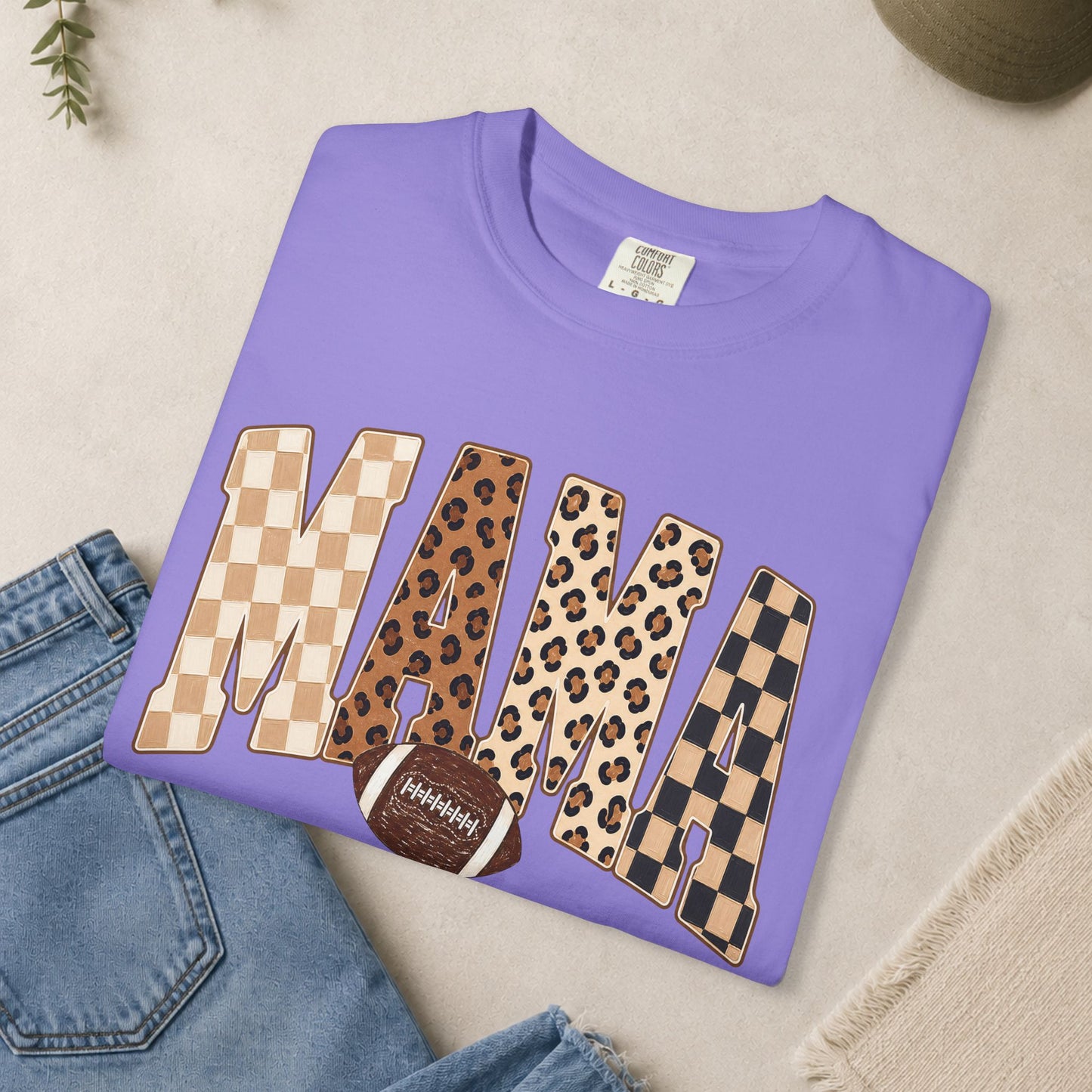 Mama lettering with leopard & gingham patterns, football graphic T-shirt