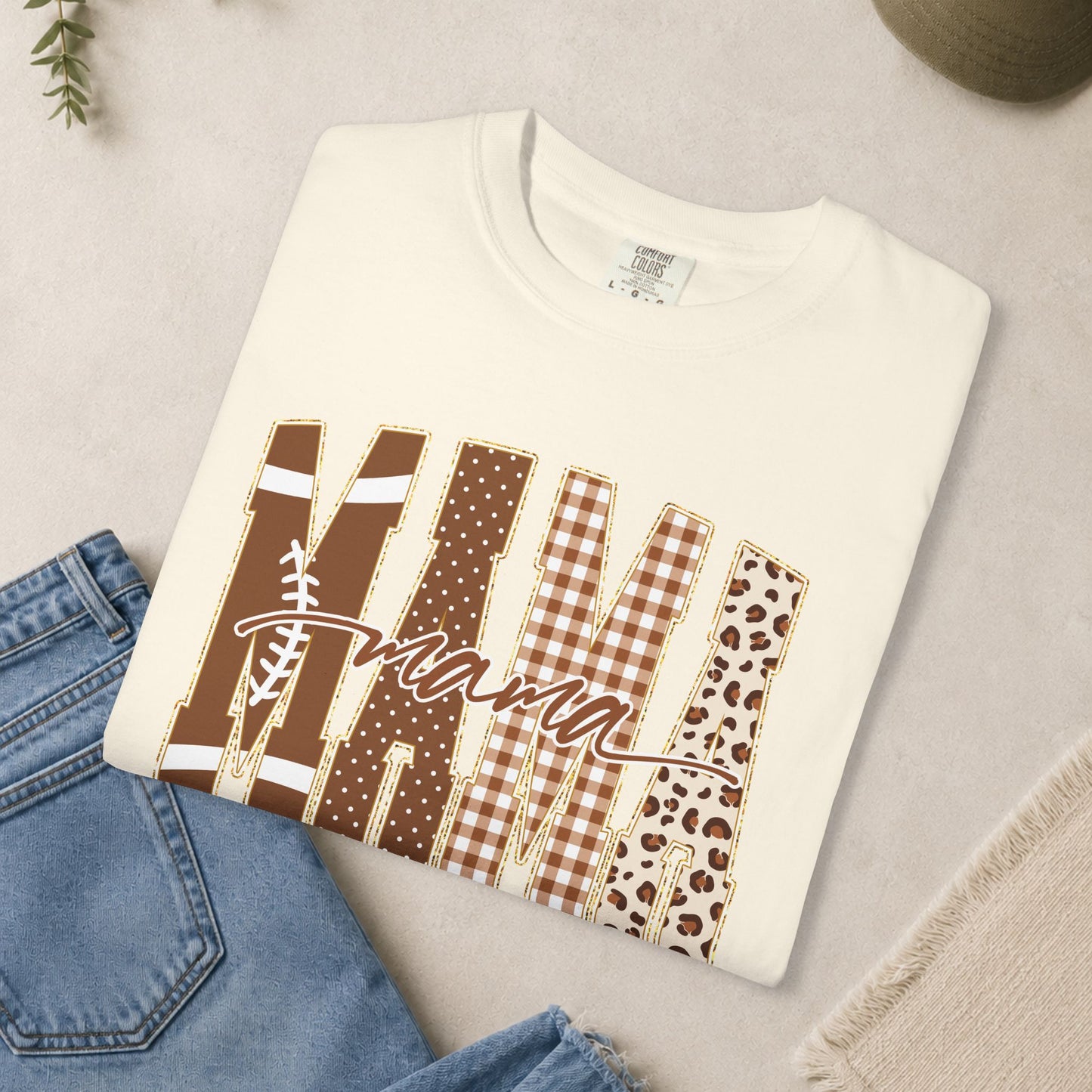 Mama Football graphic T-shirt | Brown plaid leopard print
