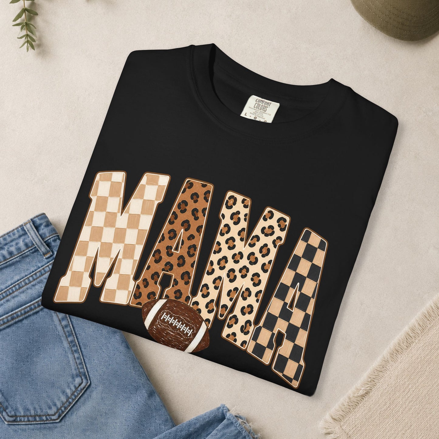 Mama lettering with leopard & gingham patterns, football graphic T-shirt
