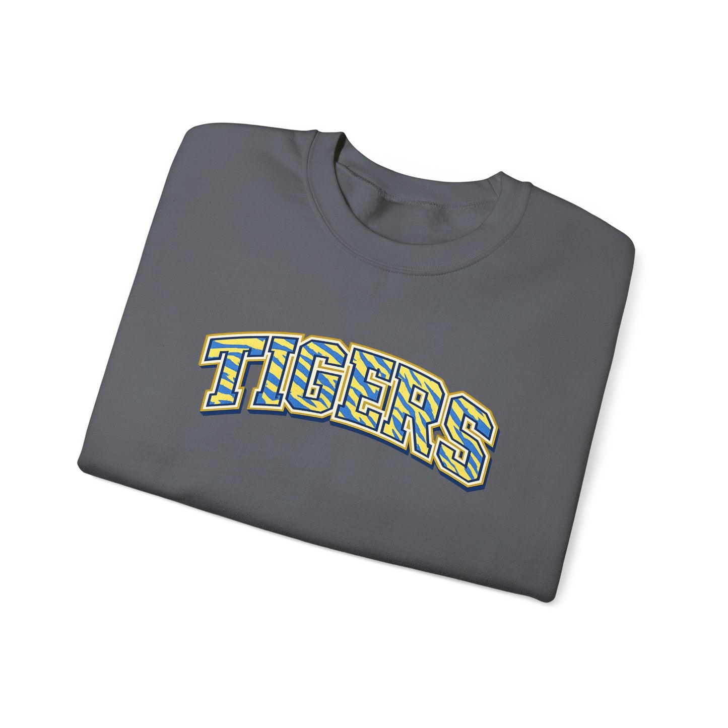 Tigers Crewneck Sweatshirt — Retro Yellow & Teal Block Letter Sports Pullover
