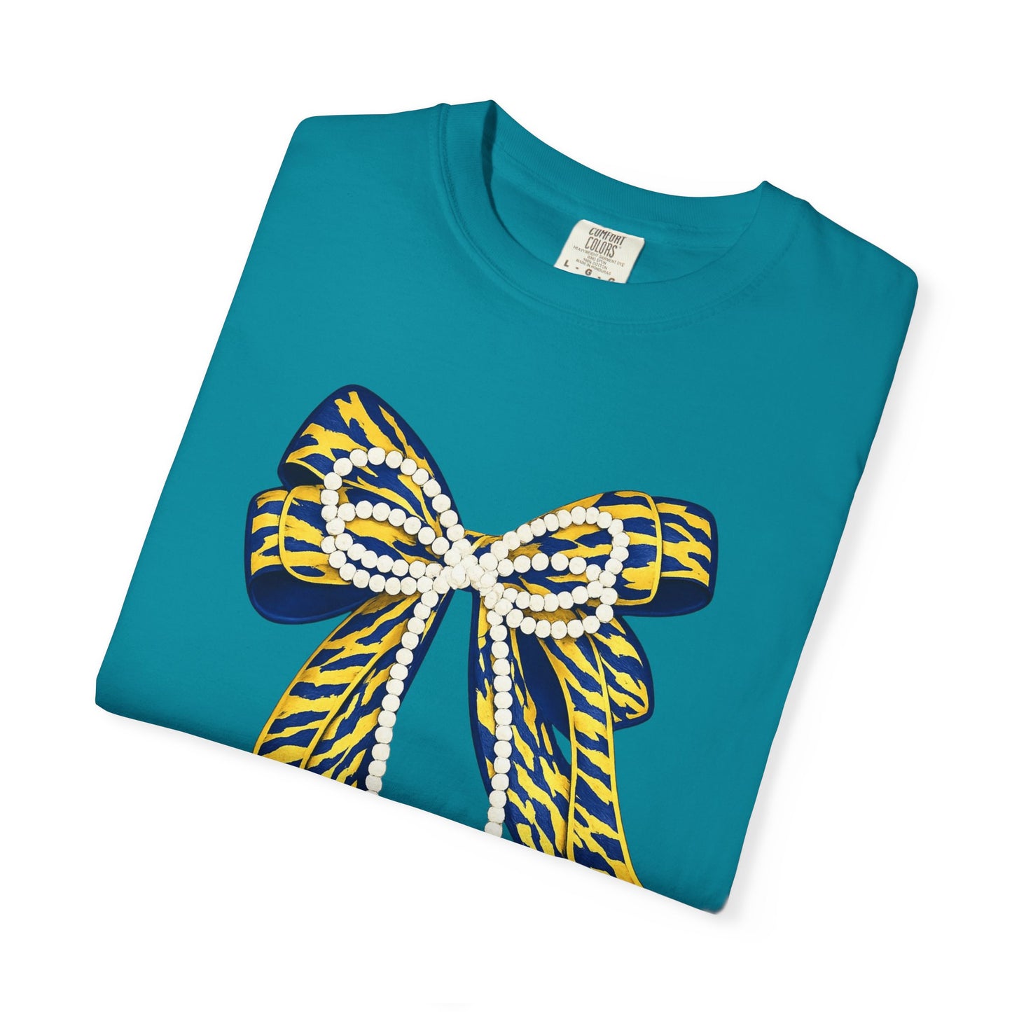 Bow Graphic T-Shirt — Yellow Navy Leopard Ribbon Design