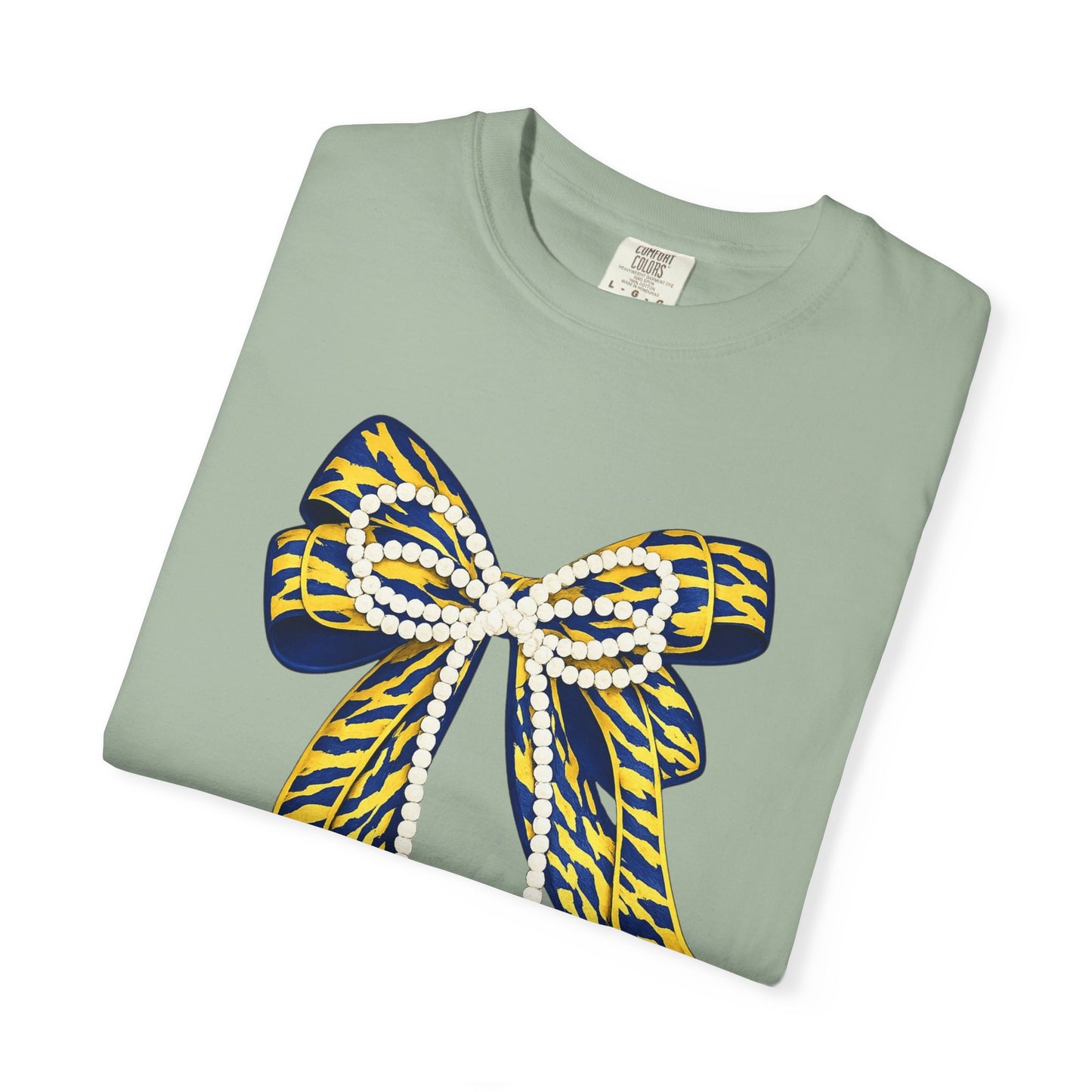 Bow Graphic T-Shirt — Yellow Navy Leopard Ribbon Design