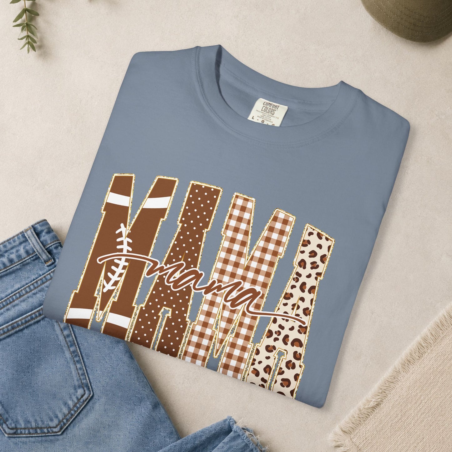 Mama Football graphic T-shirt | Brown plaid leopard print