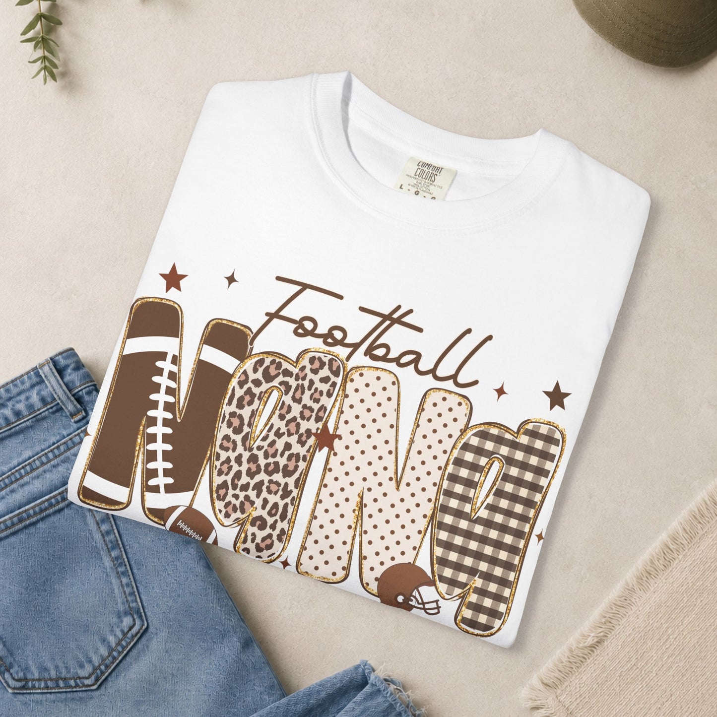 Football Nana T-shirt | Neutral Leopard Plaid Lettering
