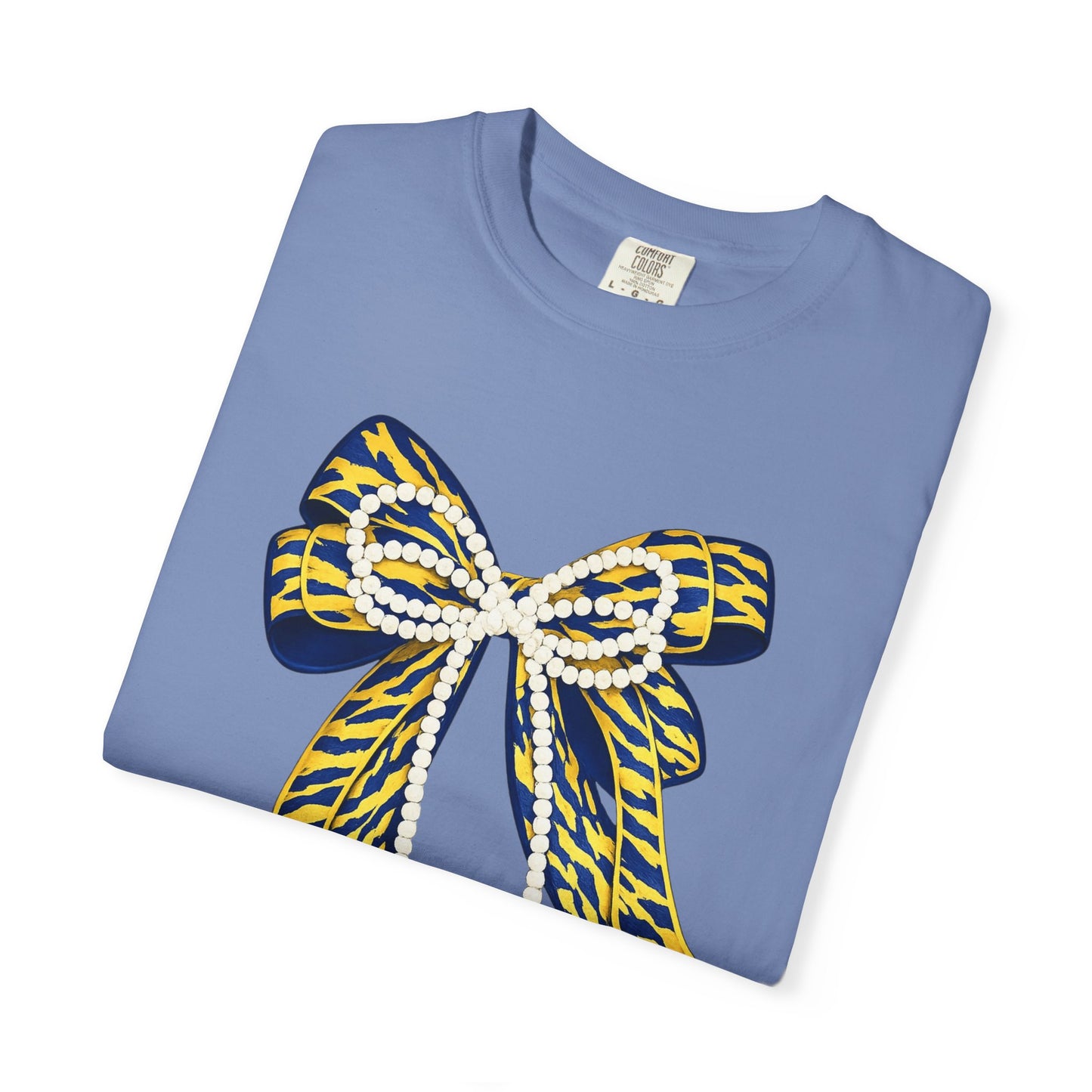 Bow Graphic T-Shirt — Yellow Navy Leopard Ribbon Design