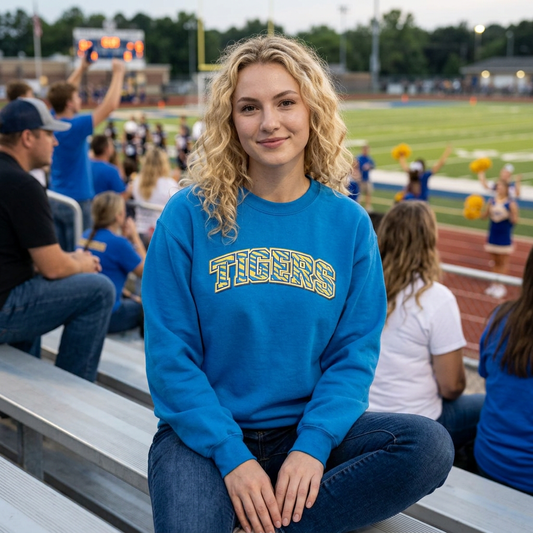 Tigers Crewneck Sweatshirt — Retro Yellow & Teal Block Letter Sports Pullover