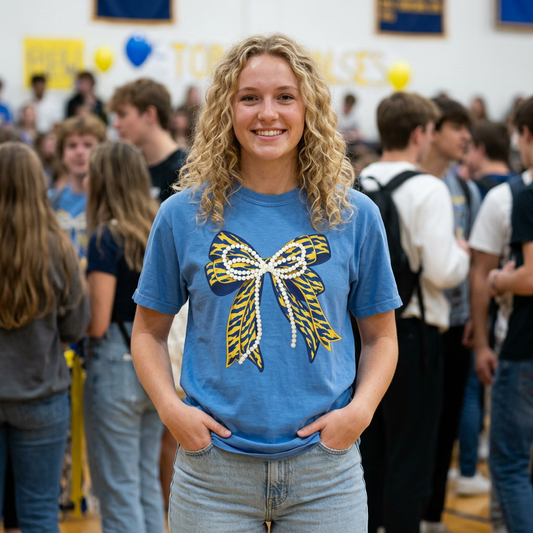 Bow Graphic T-Shirt — Yellow Navy Leopard Ribbon Design