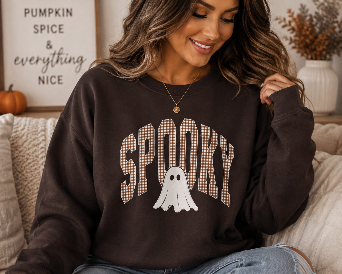 Spooky Ghost Plaid Crewneck Sweatshirt