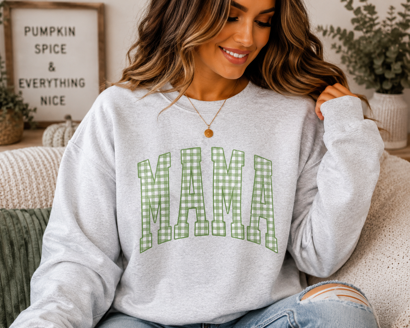 Green Gingham MAMA Sweatshirt | Mama Crewneck