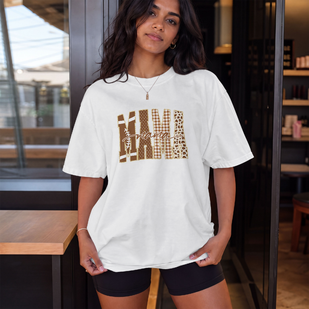 Mama Football graphic T-shirt | Brown plaid leopard print