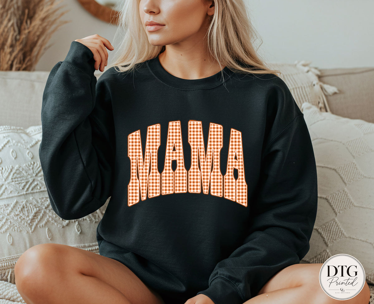 Mama Fall Sweatshirt, Orange Gingham Mama Pullover, Cozy Autumn Mama Sweatshirt, Fall Graphic Crewneck