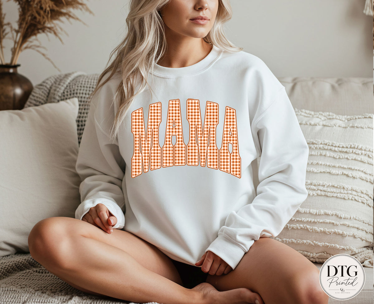 Mama Fall Sweatshirt, Orange Gingham Mama Pullover, Cozy Autumn Mama Sweatshirt, Fall Graphic Crewneck