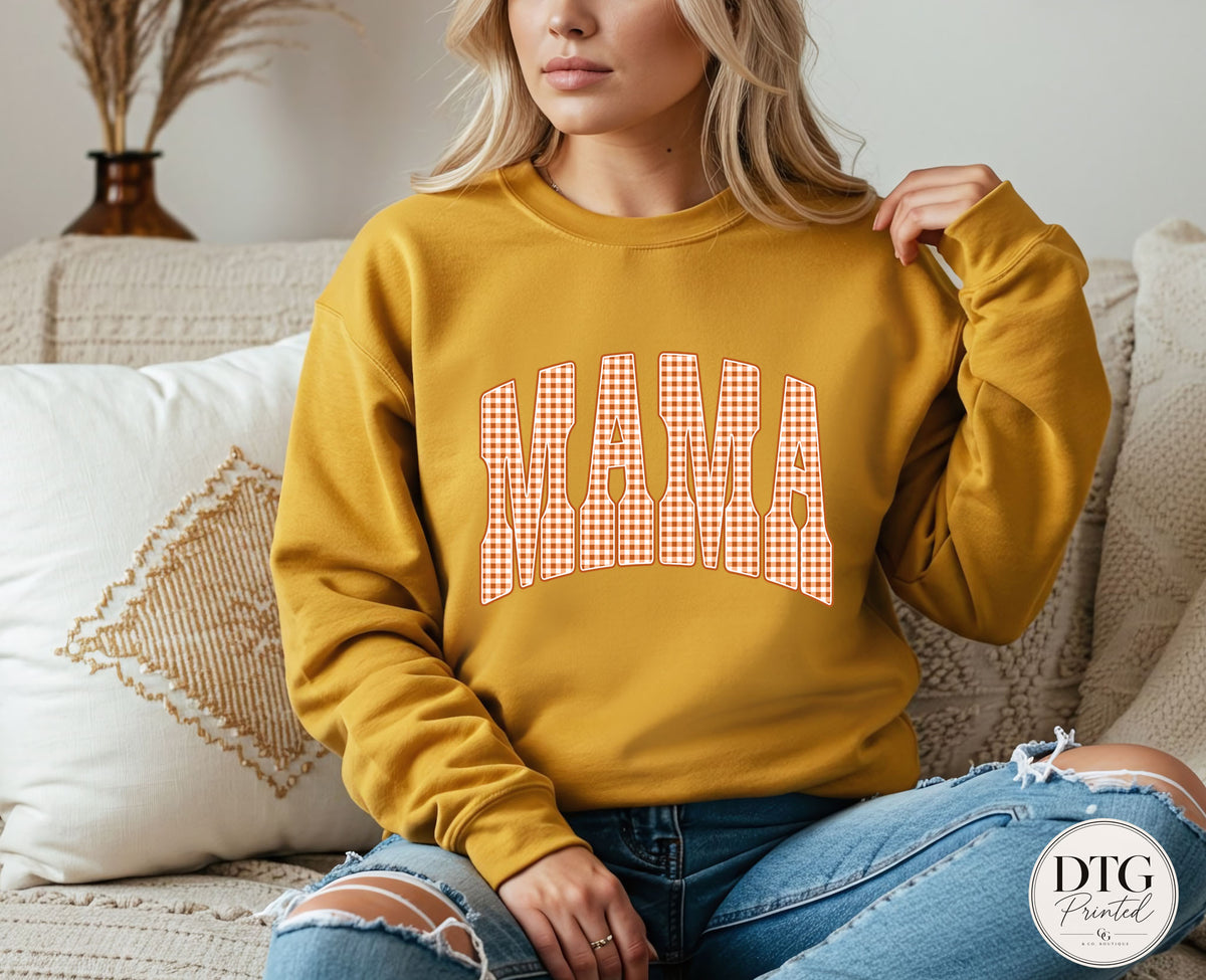 Mama Fall Sweatshirt, Orange Gingham Mama Pullover, Cozy Autumn Mama Sweatshirt, Fall Graphic Crewneck