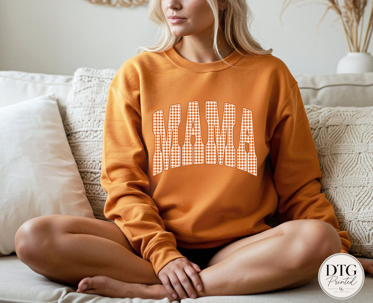 Mama Fall Sweatshirt, Orange Gingham Mama Pullover, Cozy Autumn Mama Sweatshirt, Fall Graphic Crewneck