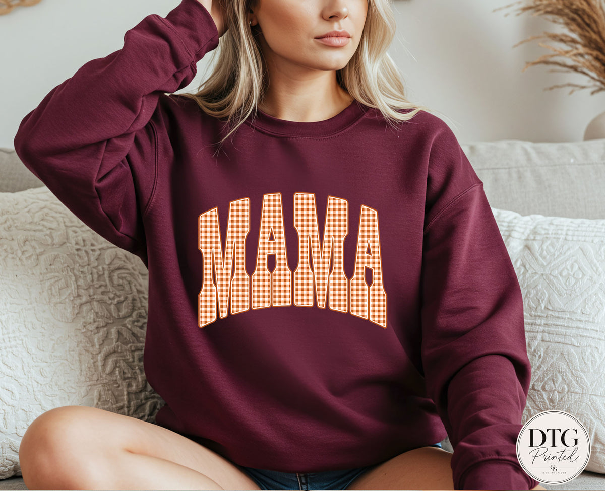 Mama Fall Sweatshirt, Orange Gingham Mama Pullover, Cozy Autumn Mama Sweatshirt, Fall Graphic Crewneck