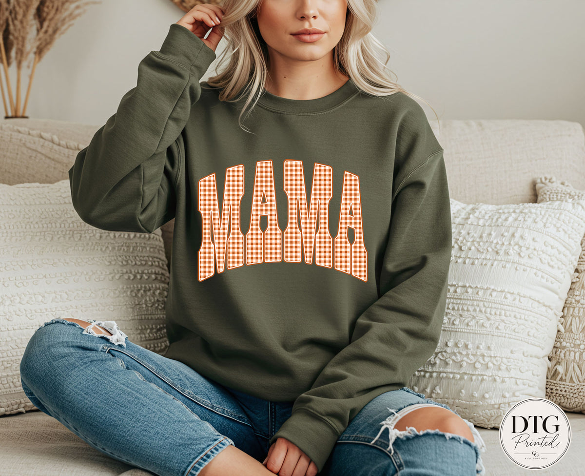 Mama Fall Sweatshirt, Orange Gingham Mama Pullover, Cozy Autumn Mama Sweatshirt, Fall Graphic Crewneck