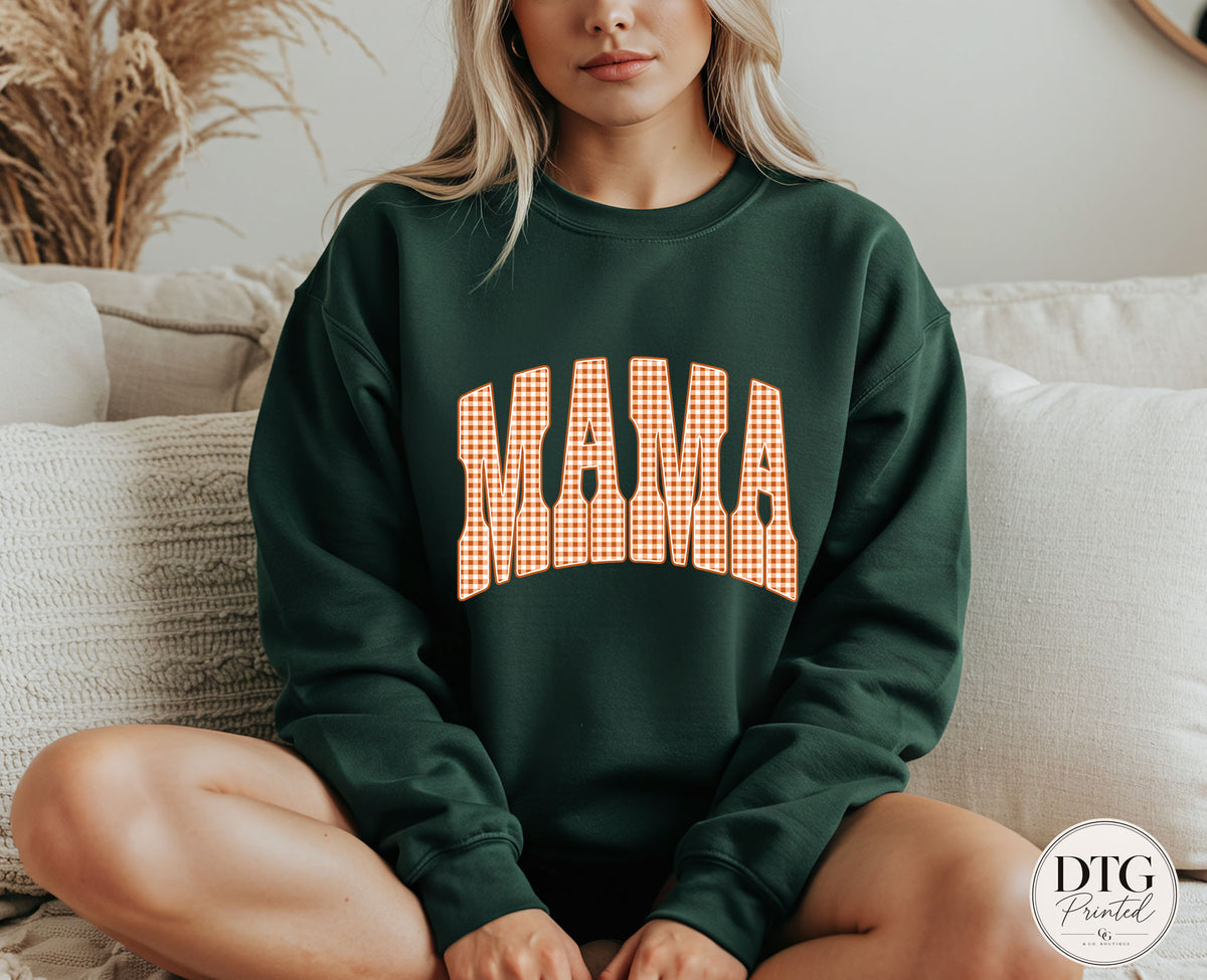 Mama Fall Sweatshirt, Orange Gingham Mama Pullover, Cozy Autumn Mama Sweatshirt, Fall Graphic Crewneck