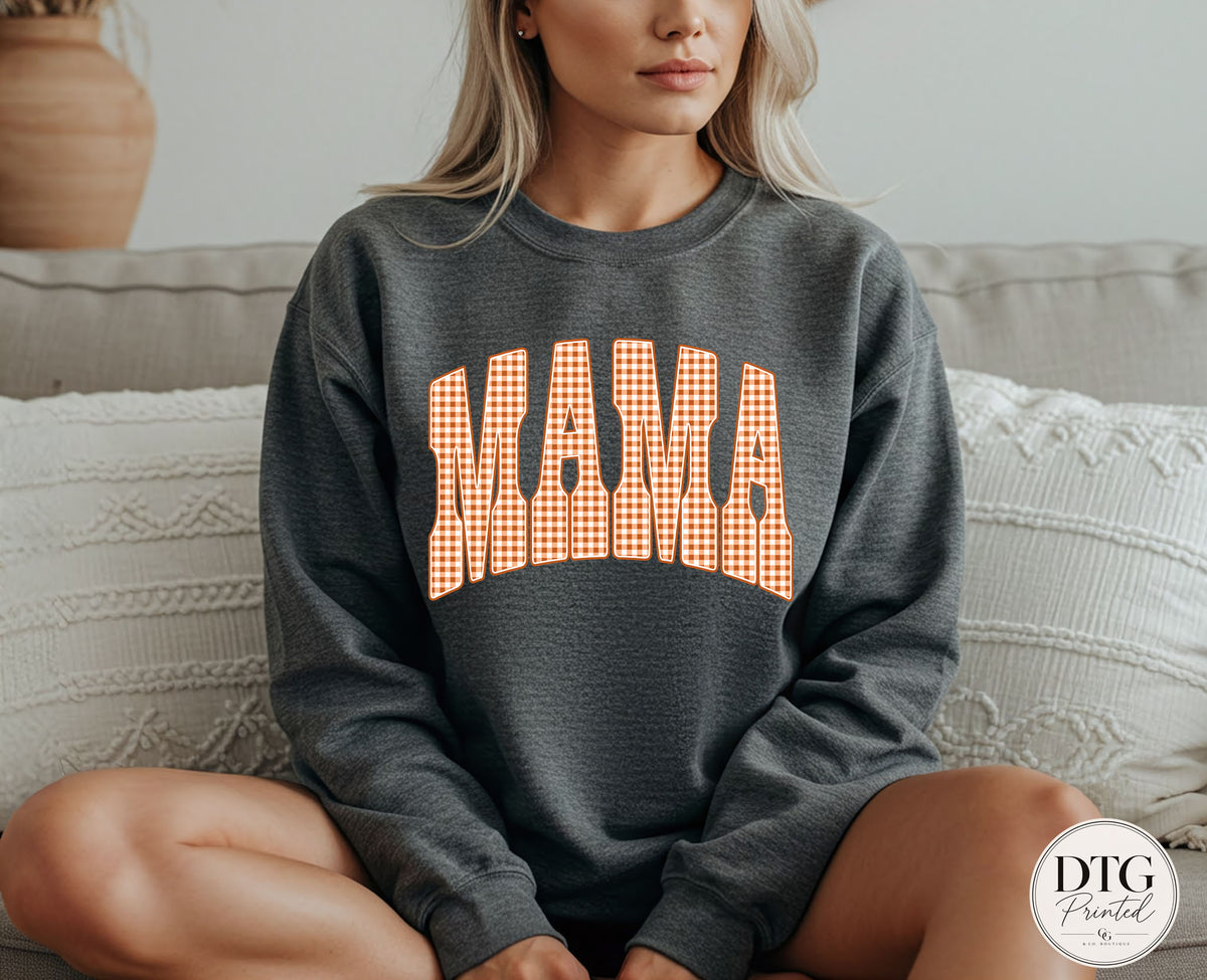 Mama Fall Sweatshirt, Orange Gingham Mama Pullover, Cozy Autumn Mama Sweatshirt, Fall Graphic Crewneck