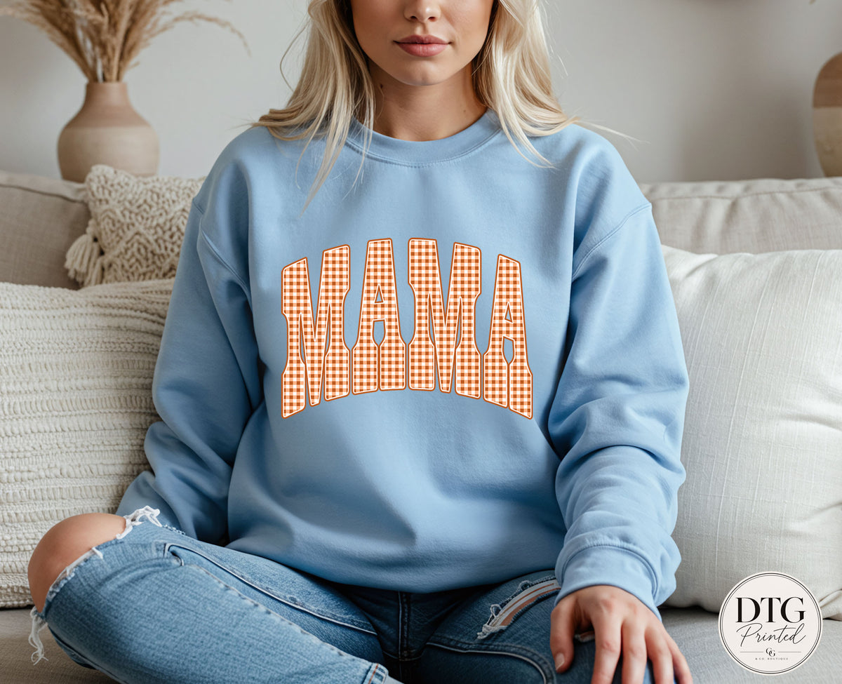 Mama Fall Sweatshirt, Orange Gingham Mama Pullover, Cozy Autumn Mama Sweatshirt, Fall Graphic Crewneck