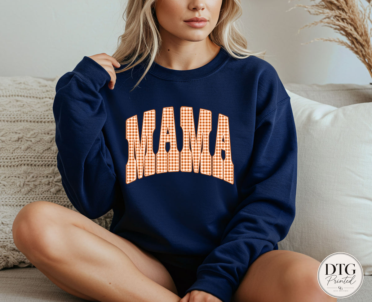 Mama Fall Sweatshirt, Orange Gingham Mama Pullover, Cozy Autumn Mama Sweatshirt, Fall Graphic Crewneck