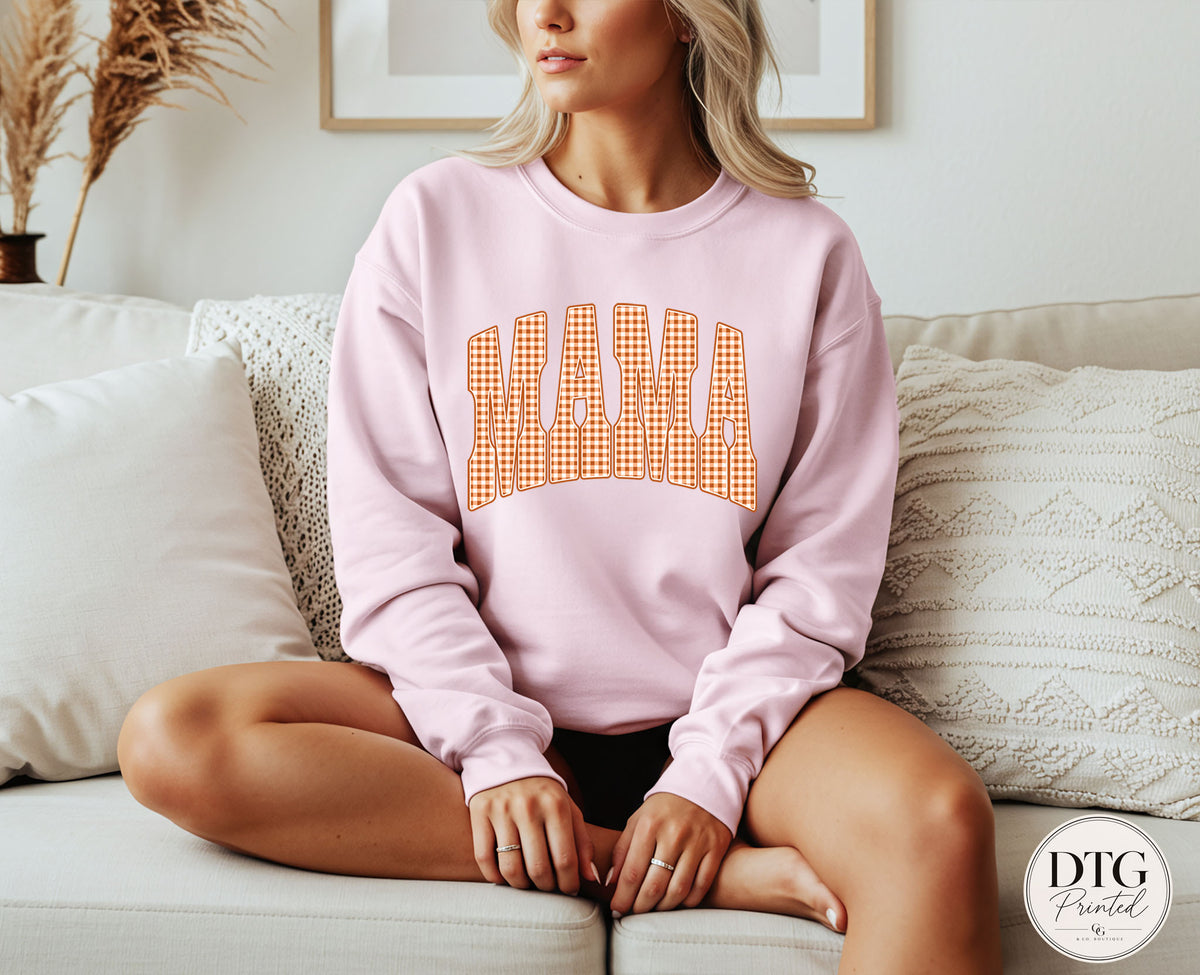 Mama Fall Sweatshirt, Orange Gingham Mama Pullover, Cozy Autumn Mama Sweatshirt, Fall Graphic Crewneck