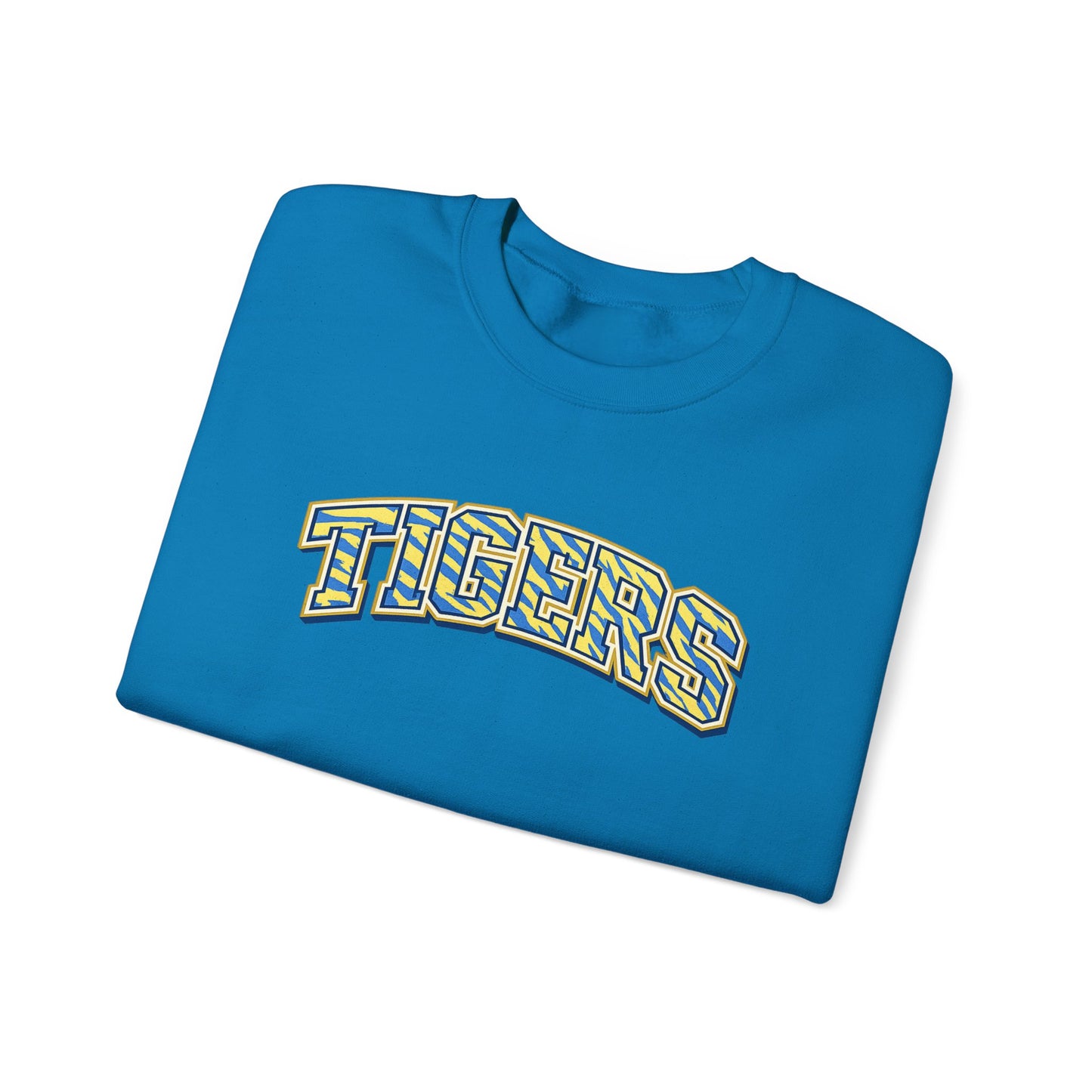 Tigers Crewneck Sweatshirt — Retro Yellow & Teal Block Letter Sports Pullover