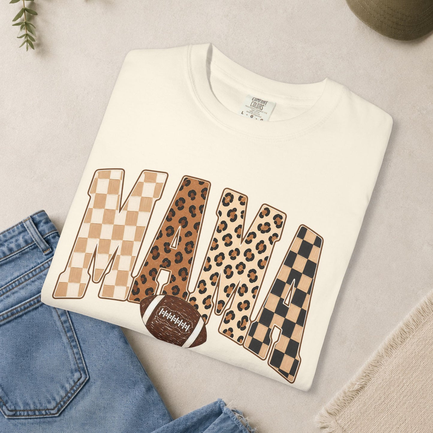 Mama lettering with leopard & gingham patterns, football graphic T-shirt