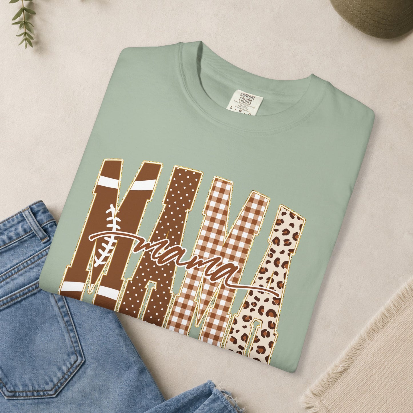 Mama Football graphic T-shirt | Brown plaid leopard print