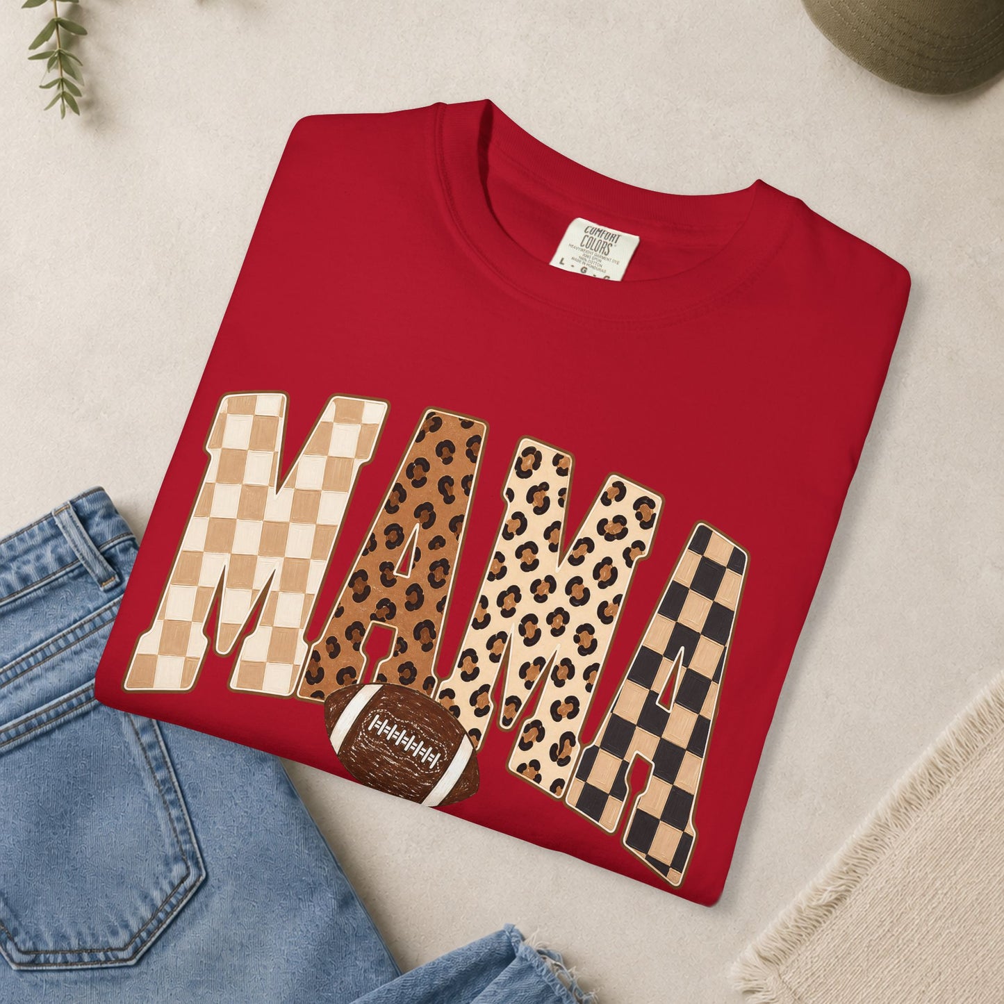 Mama lettering with leopard & gingham patterns, football graphic T-shirt