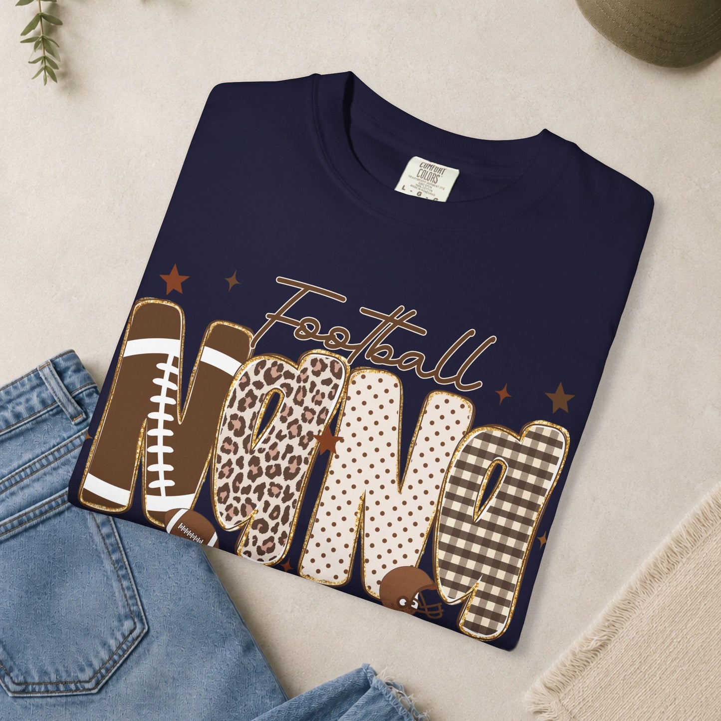 Football Nana T-shirt | Neutral Leopard Plaid Lettering